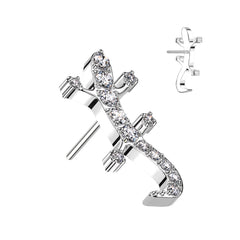 Labret in Implantatqualität aus Titan mit weißen Zirkonia-Eidechsen und Gecko-Motiv, ohne Gewinde