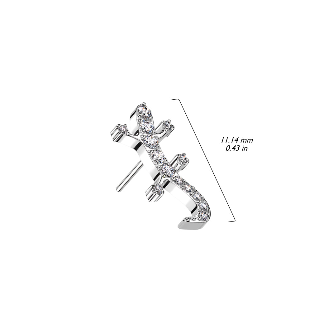 Labret in Implantatqualität aus Titan mit weißen Zirkonia-Eidechsen und Gecko-Motiv, ohne Gewinde