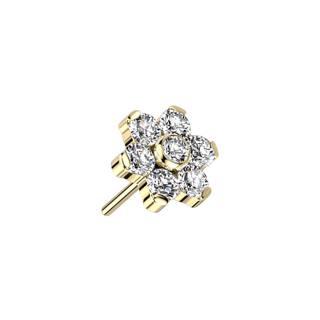 Implant Grade Titanium Threadless Gold PVD Push In Tragus/Cartilage White CZ Flower With Flat Back