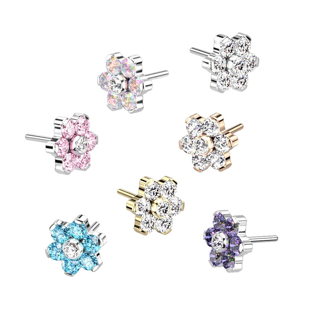 Implant Grade Titanium Threadless Gold PVD Push In Tragus/Cartilage White CZ Flower With Flat Back