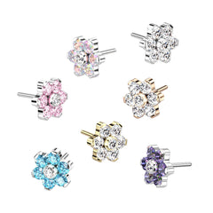 Implant Grade Titanium Threadless Gold PVD Push In Tragus/Cartilage White CZ Flower With Flat Back