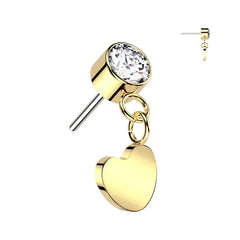 Implant Grade Titanium Gold PVD White CZ Heart Dangle Threadless Push In Labret