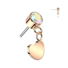 Implant Grade Titanium Rose Gold PVD AB CZ Heart Dangle Threadless Push In Labret