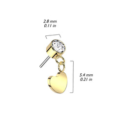 Implant Grade Titanium Gold PVD White CZ Heart Dangle Threadless Push In Labret