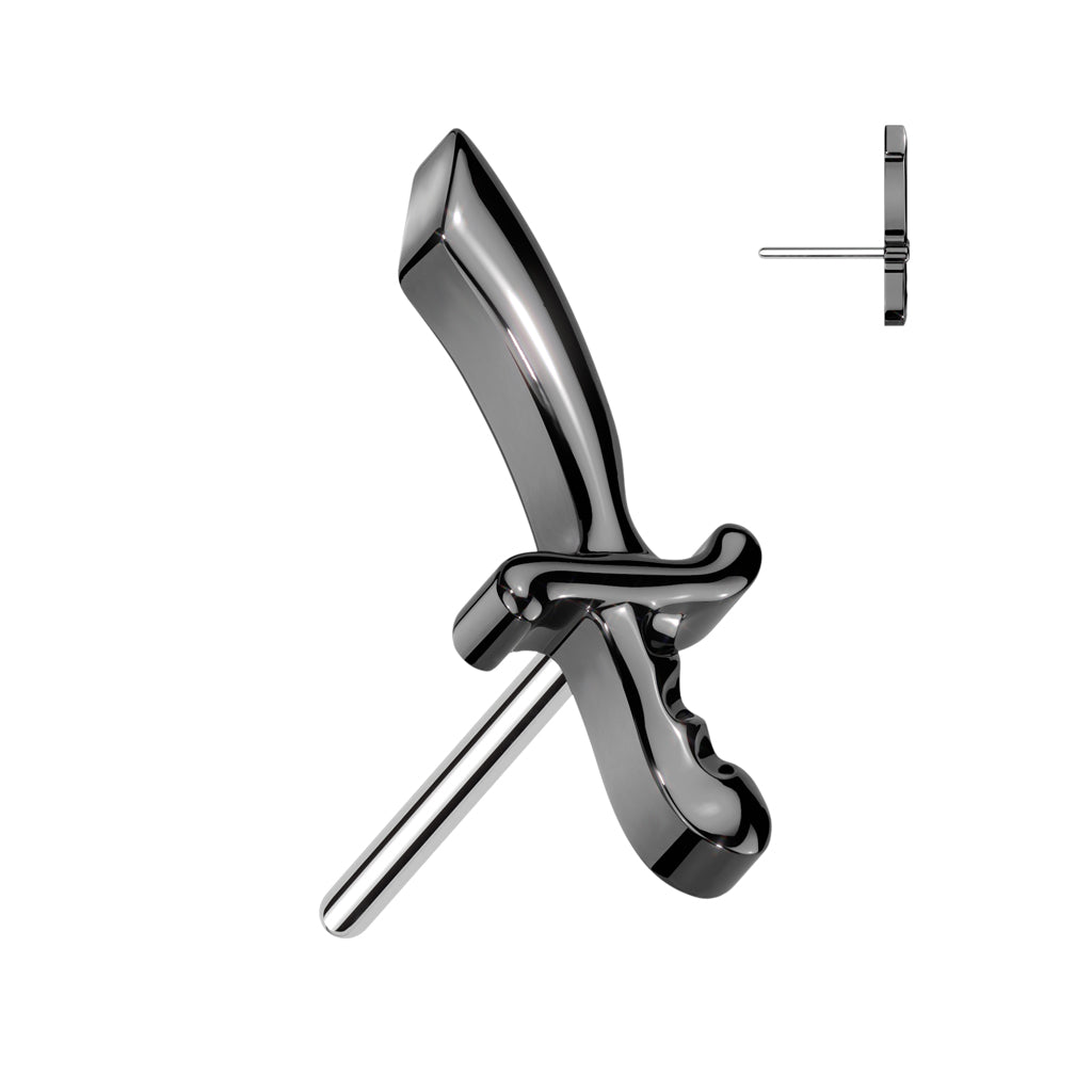 Labret aus Titan in Implantatqualität, schwarze PVD-Beschichtung, gewindelos, zierliches Schwert-Dolch-Oberteil mit flacher Rückseite