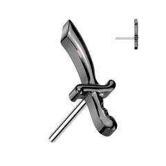 Labret aus Titan in Implantatqualität, schwarze PVD-Beschichtung, gewindelos, zierliches Schwert-Dolch-Oberteil mit flacher Rückseite