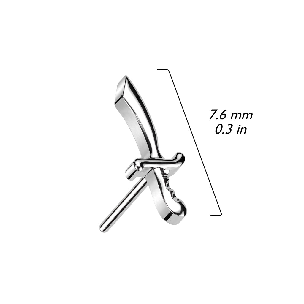 Labret aus Titan in Implantatqualität, schwarze PVD-Beschichtung, gewindelos, zierliches Schwert-Dolch-Oberteil mit flacher Rückseite