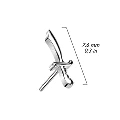 Labret aus Titan in Implantatqualität, schwarze PVD-Beschichtung, gewindelos, zierliches Schwert-Dolch-Oberteil mit flacher Rückseite