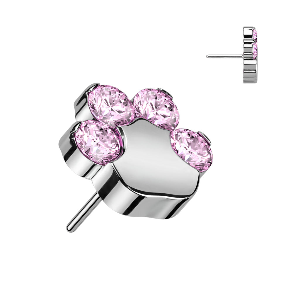 Implant Grade Titanium Paw Print Pink CZ Threadless Push In Labret