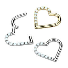 Implant Grade Titanium Gold PVD White Opal Heart Hinged Daith Clicker Hoop