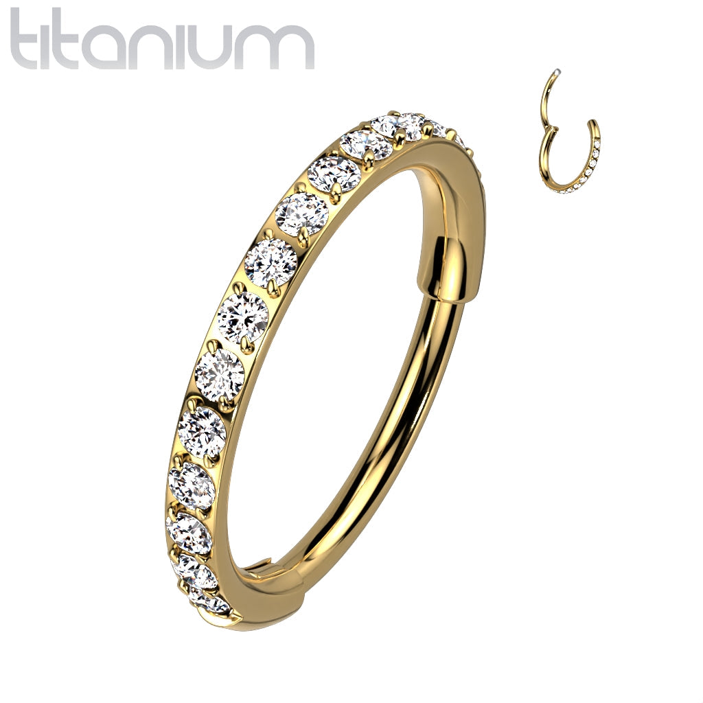 Implant Grade Titanium Gold PVD Pave White CZ Nose Hoop Hinged Clicker Ring