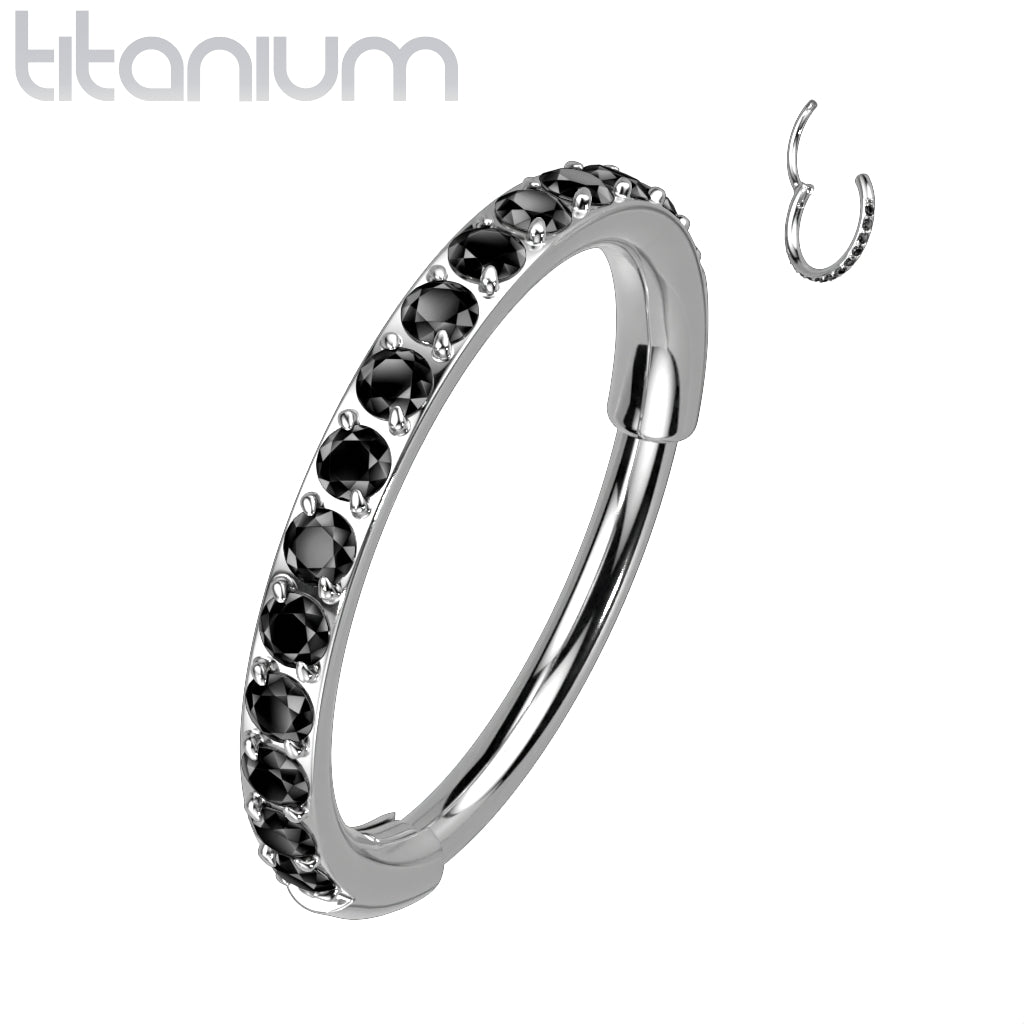 Implant Grade Titanium Pave Black CZ Nose Hoop Hinged Clicker Ring