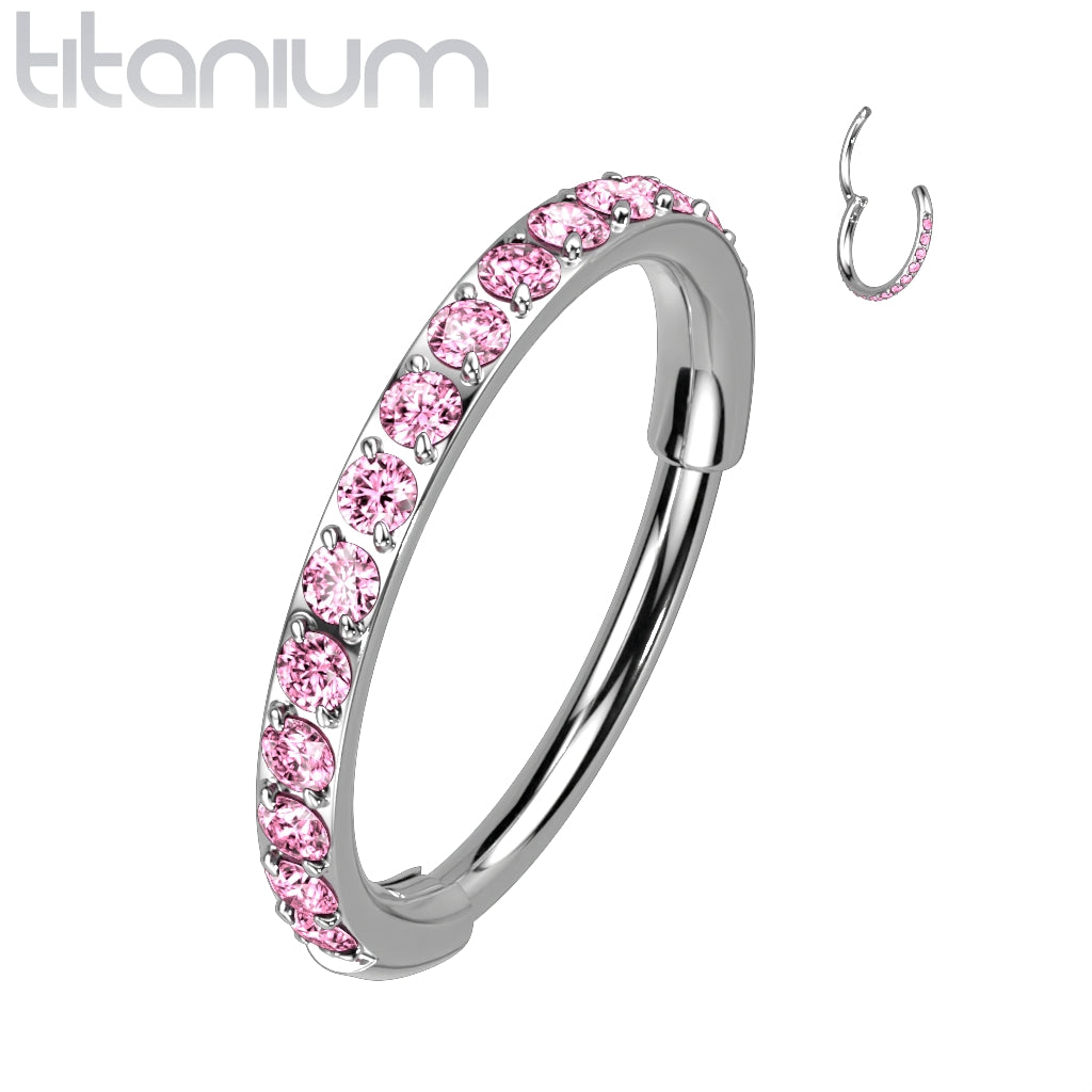 Implant Grade Titanium Pave Pink CZ Nose Hoop Hinged Clicker Ring