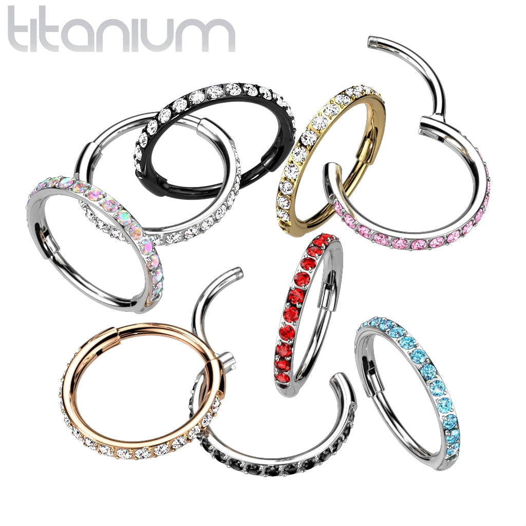 Implant Grade Titanium Gold PVD Pave White CZ Nose Hoop Hinged Clicker Ring