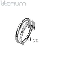 Titan im Implantat-Qualität, schwarze PVD-Beschichtung, Doppelring, weißer Zirkonia, Pavé-Fassung, Klappclicker