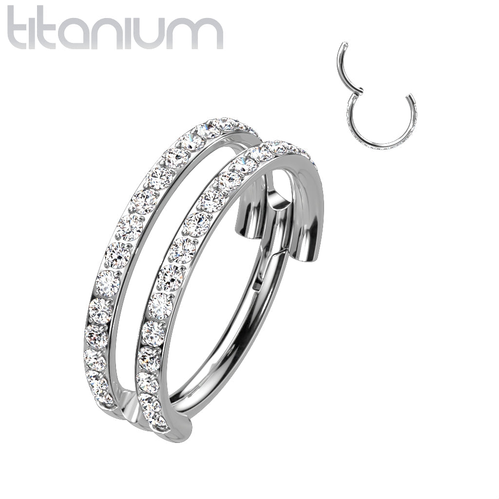 Implant Grade Titanium Double White CZ Pave Hinged Clicker Hoop