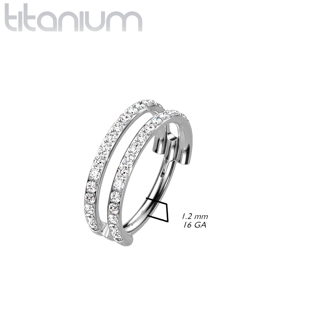 Implant Grade Titanium Double White CZ Pave Hinged Clicker Hoop