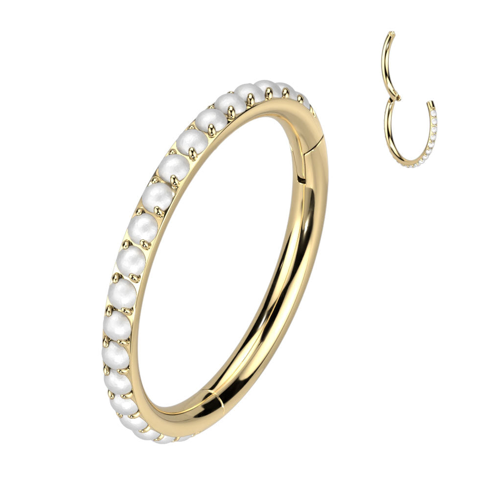 Implant Grade Titanium Gold PVD Pearl Studded Hinged Cartilage Clicker Hoop