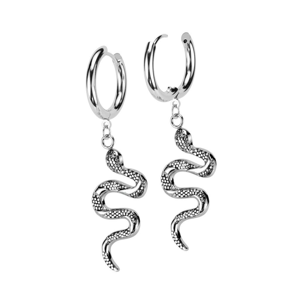 Pair of 316L Surgical Steel Slithering Snake Dangle Hoop Earrings