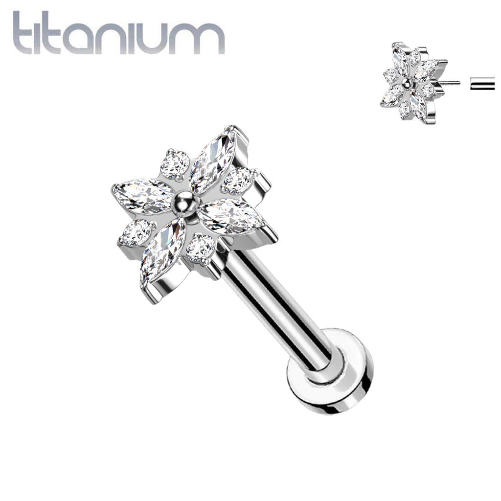 Implant Grade Titanium Large White CZ Gem Flower Threadless Push In Labret