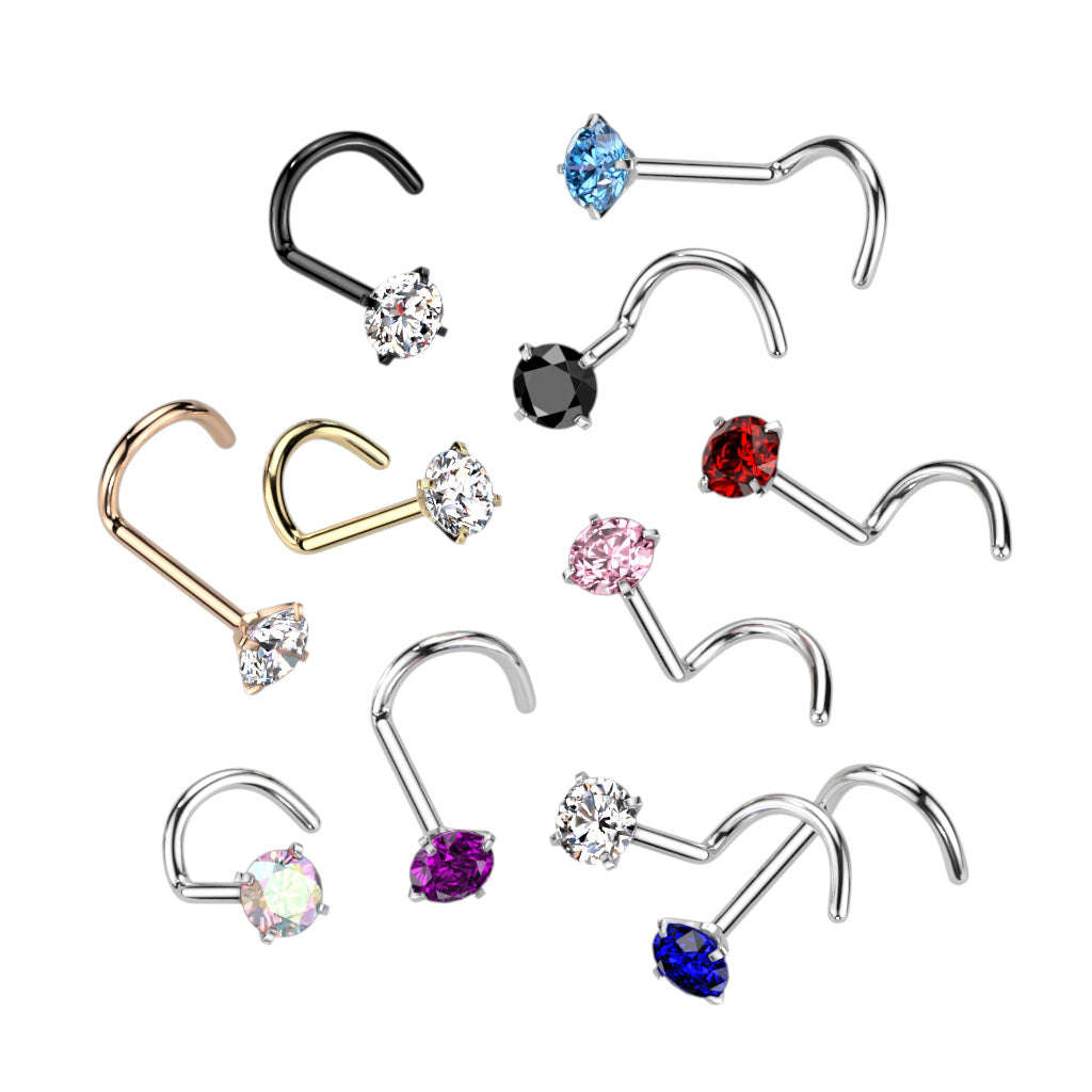 Implant Grade Titanium Black PVD Corkscrew Nose Ring Stud White CZ Gem