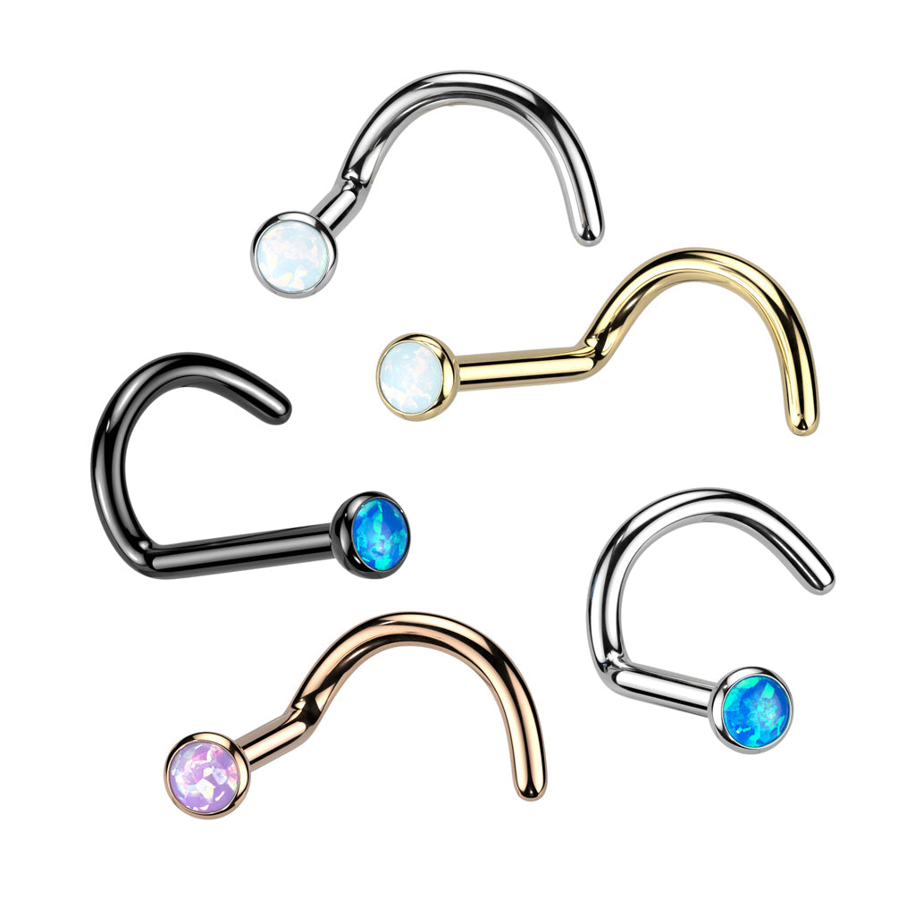 Implant Grade Titanium Black PVD Corkscrew Nose Ring with Blue Opal