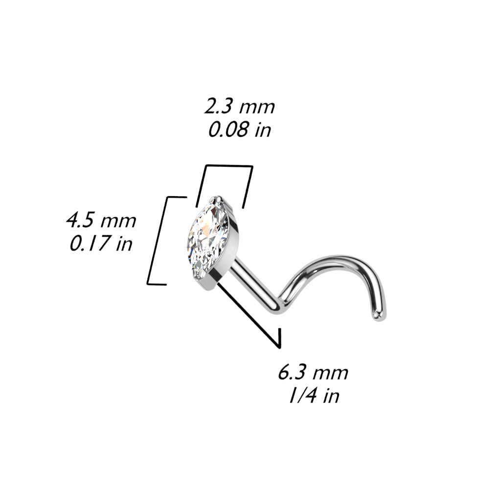 Implant Grade Titanium Gold PVD White Marquise CZ Gem Corkscrew Nose Ring Stud