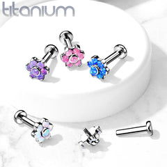 Implant Grade Titanium White Opal Flower Internally Threaded Flat Back Labret