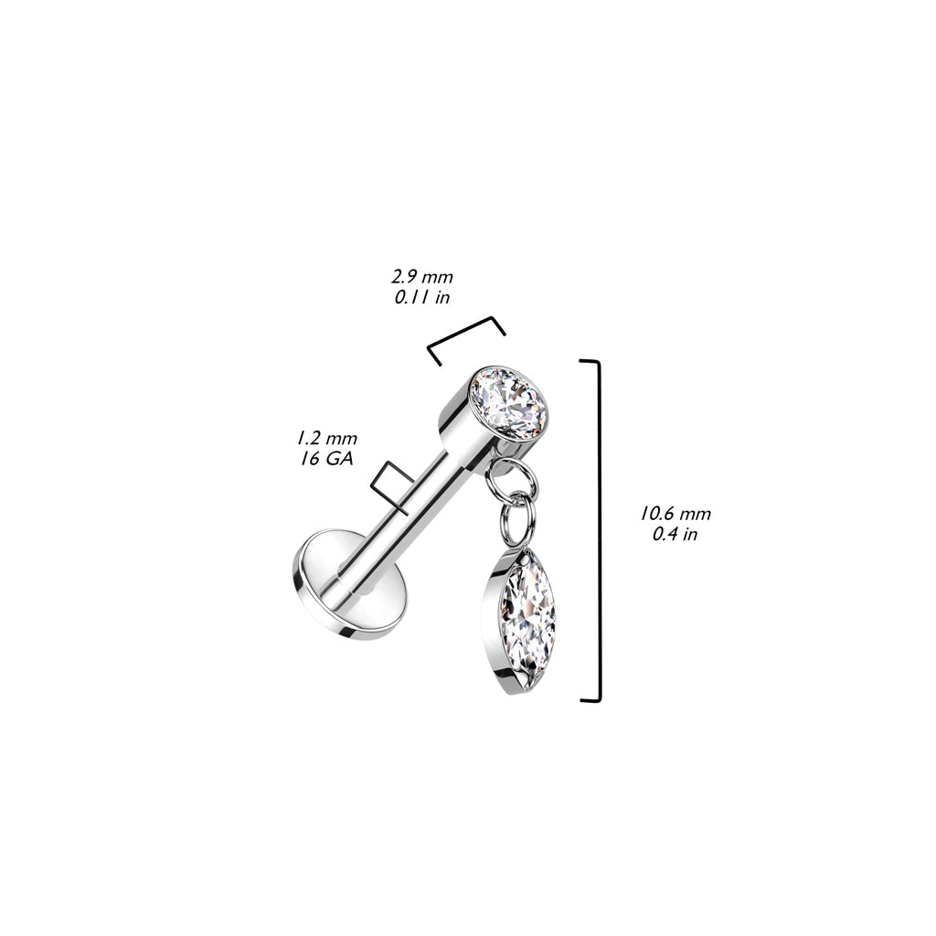 Implant Grade Titanium Gold PVD White CZ Marquise Gem Dangle Flat Back Labret