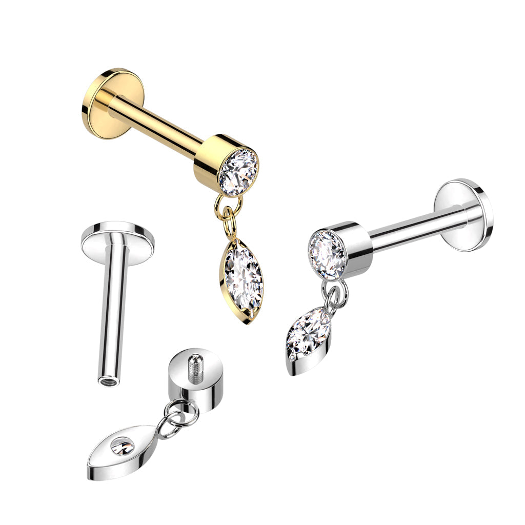 Implant Grade Titanium White CZ Marquise Gem Dangle Flat Back Labret