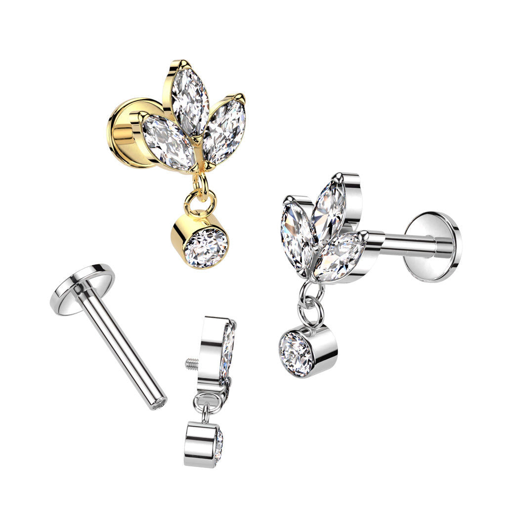 Implant Grade Titanium Gold PVD Triple Petal Flower White CZ Gem Dangle Flat Back Labret