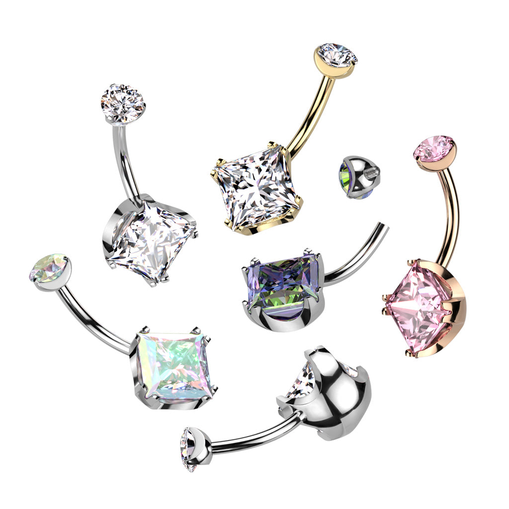 Bauchnabelpiercing aus Titan in Implantatqualität, Roségold, PVD, rosa Zirkonia, schlicht, quadratisch, Edelstein