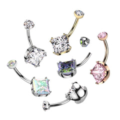 Bauchnabelpiercing aus Titan in Implantatqualität, Roségold, PVD, rosa Zirkonia, schlicht, quadratisch, Edelstein