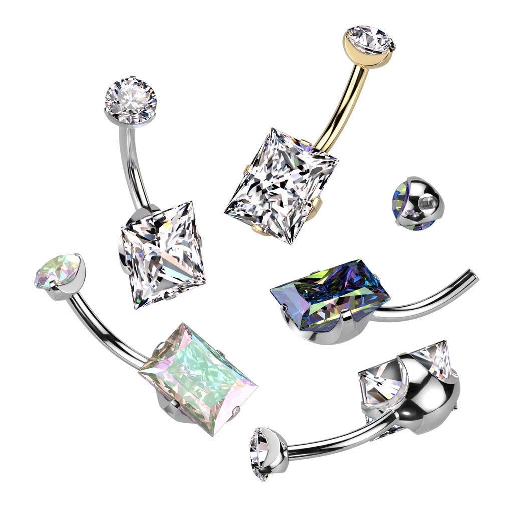 Implant Grade Titanium Gold PVD White CZ Squared Gem Belly Ring