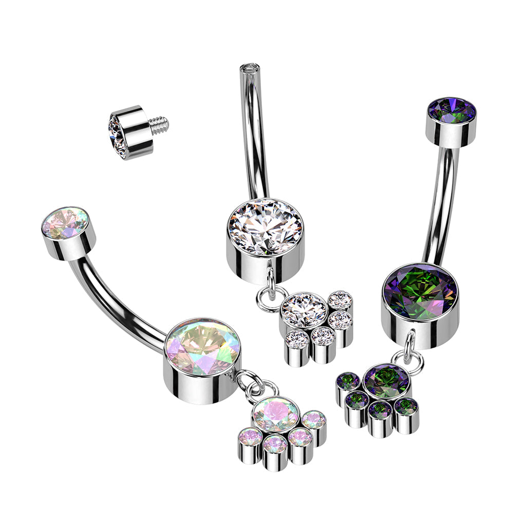 Implant Grade Titanium Aurora Borealis CZ Bezel Circle Cluster Dangle Belly Ring