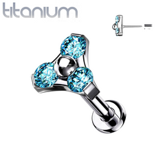 Gewindeloser Einsteckring aus Titan in Implantatqualität für Tragus/Knorpel, Aqua CZ Trillium mit flacher Rückseite
