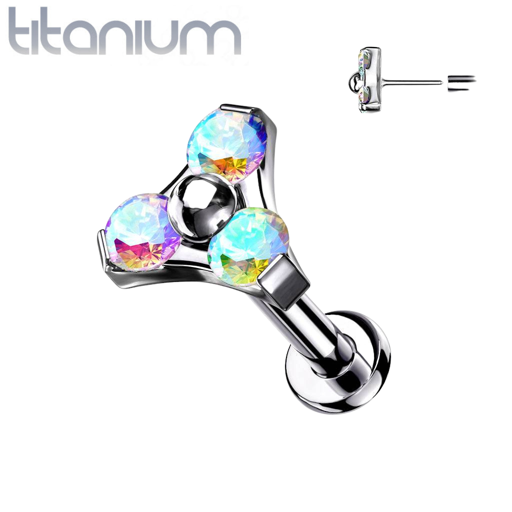 Gewindeloser Einsteckring aus Titan in Implantatqualität für Tragus/Knorpel, Aurora Borealis, CZ, Trillium, mit flacher Rückseite