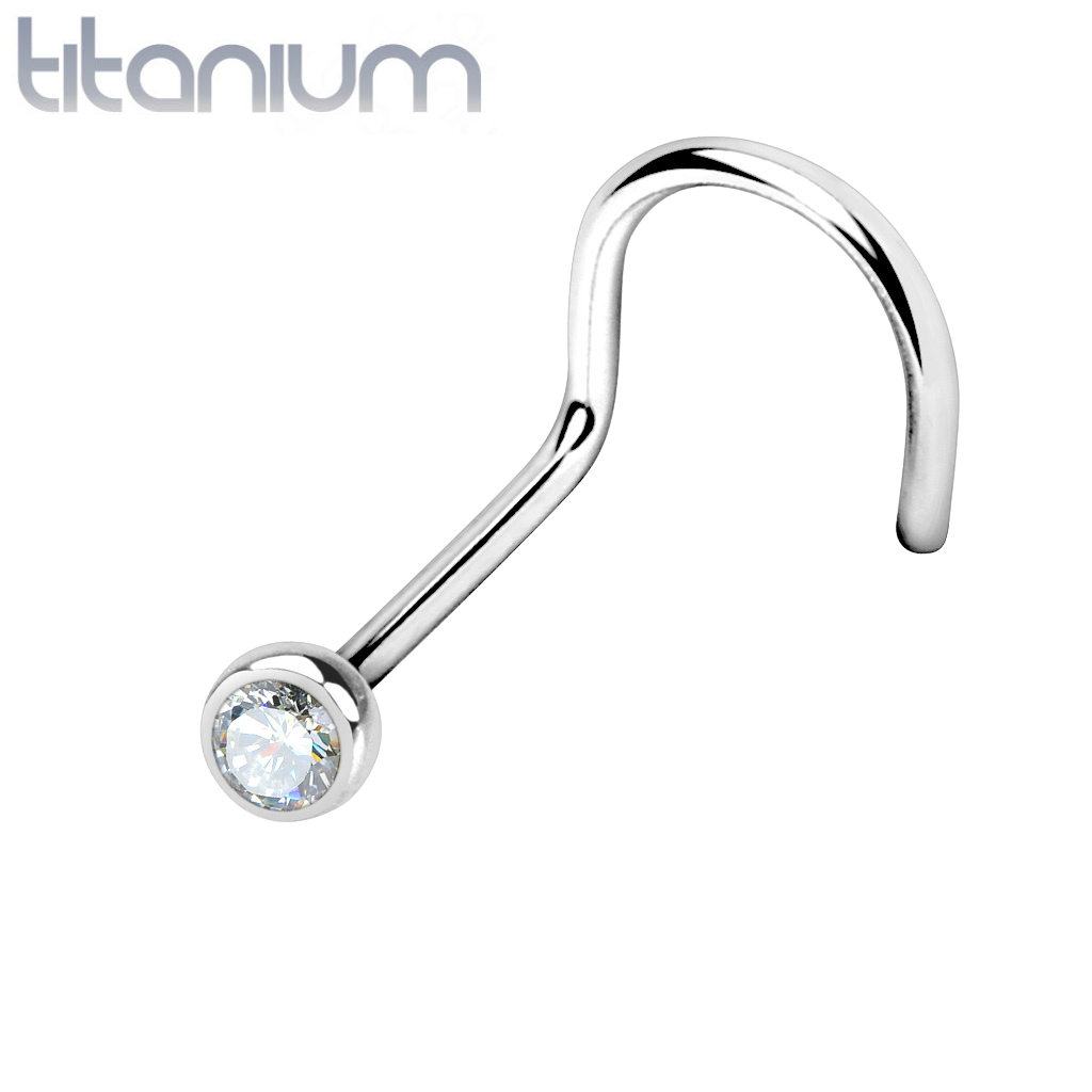 Implant Grade Titanium Corkscrew Nose Ring Stud with Bezel White CZ Gem