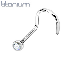 Implant Grade Titanium Corkscrew Nose Ring Stud with Bezel White CZ Gem