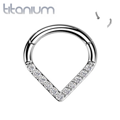 Implant Grade Titanium V Shaped Septum Ring Clicker Hoop White CZ Gems