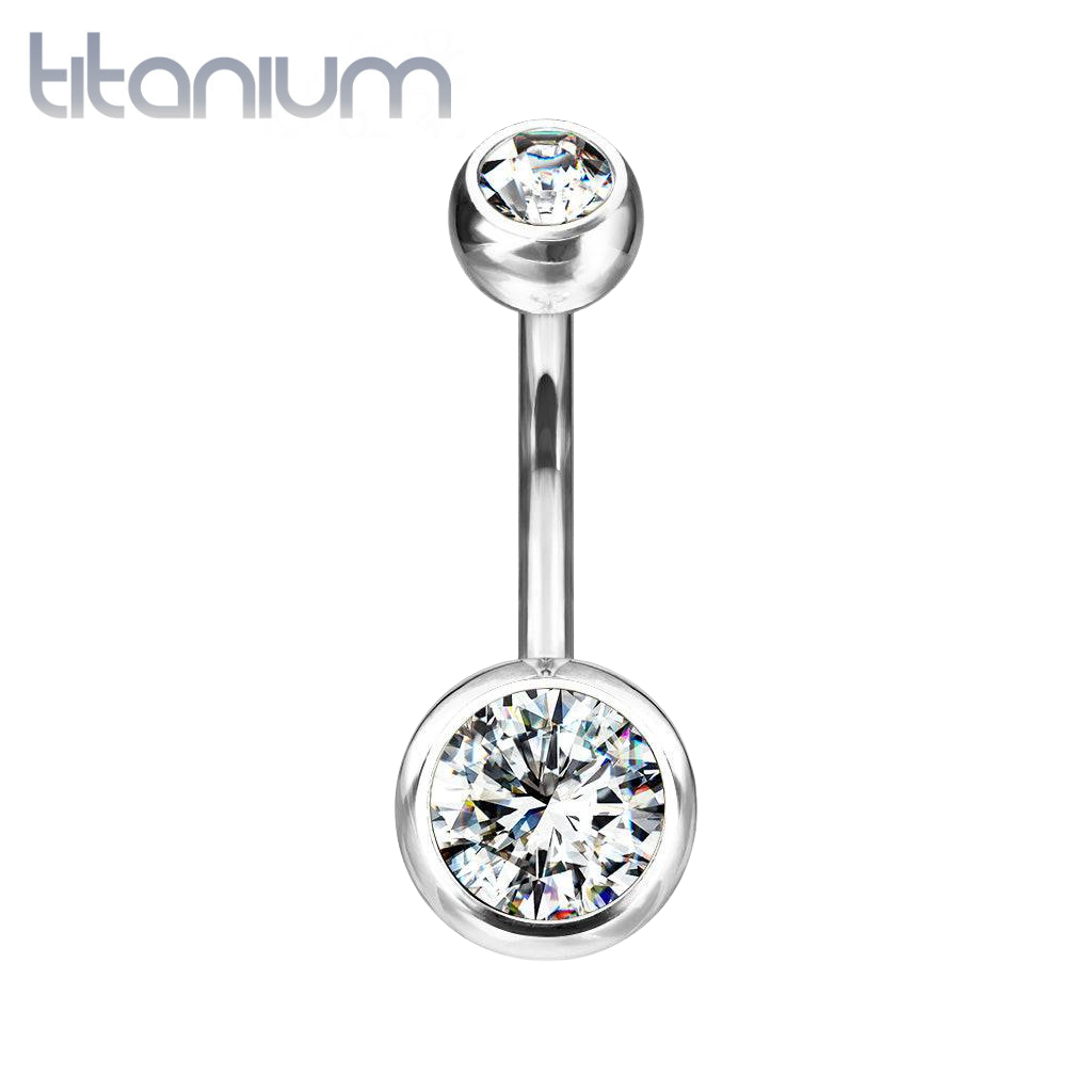 Implant Grade Titanium Double Ball White CZ Gem Belly Ring