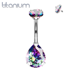 Implant Grade Titanium Internally Threaded Pear Tear Drop Vitrail Medium CZ Belly Ring