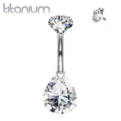 Implant Grade Titanium Internally Threaded Pear Tear Drop White CZ Belly Ring