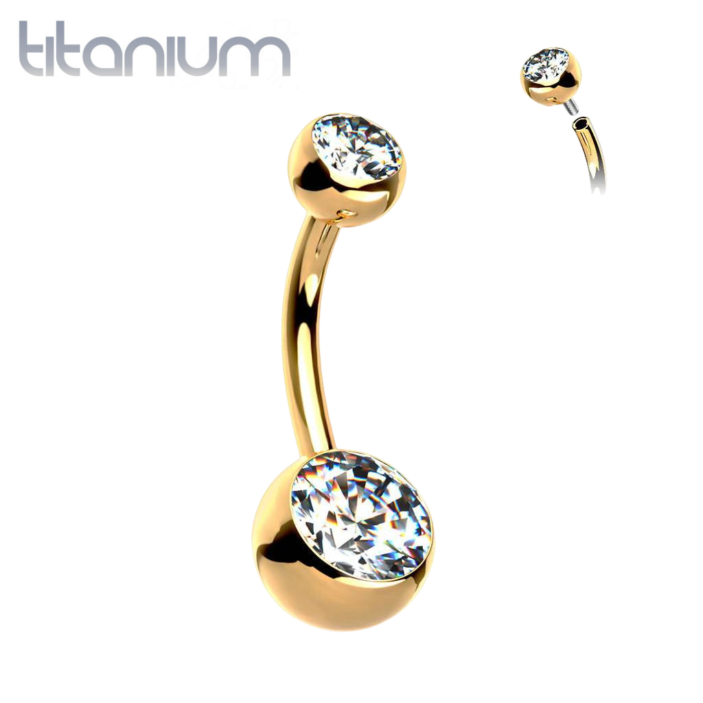 Implant Grade Titanium Gold PVD Double Ball White CZ Gem Belly Ring