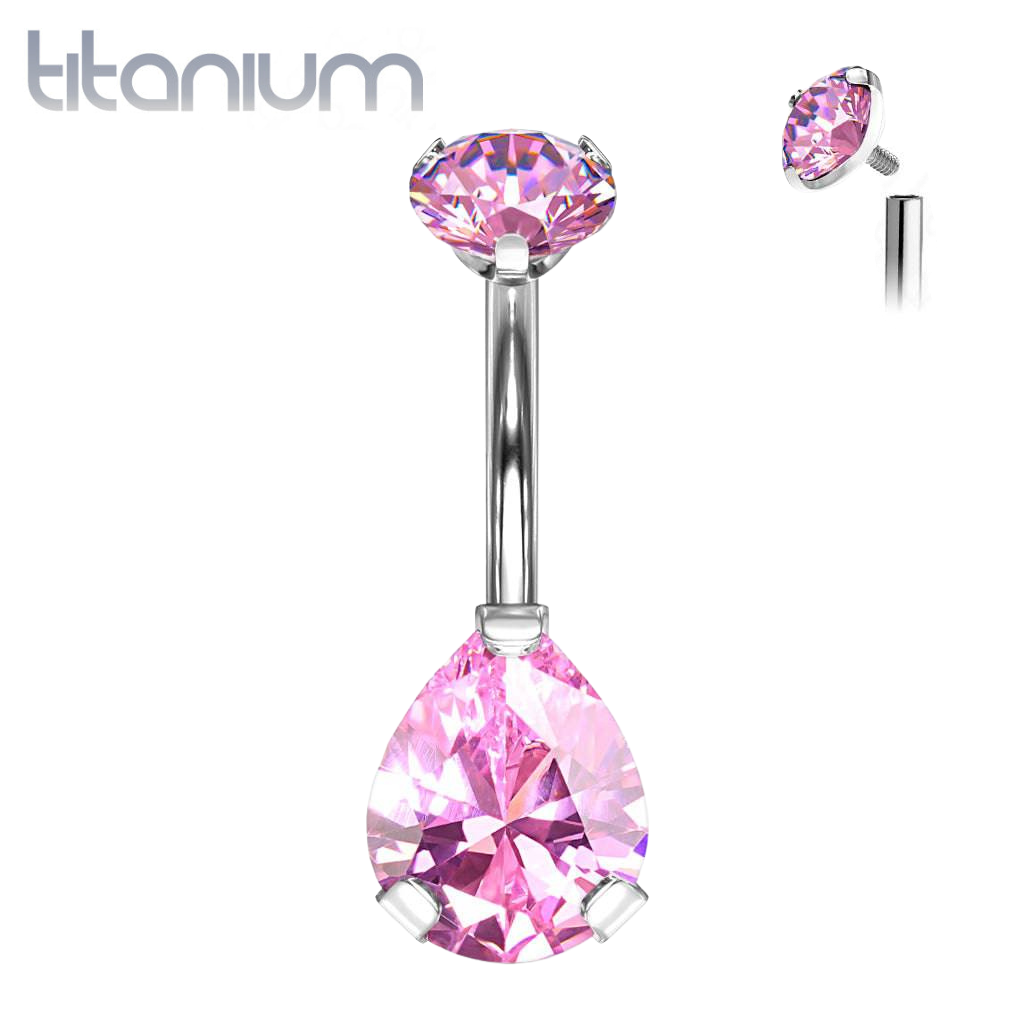 Implant Grade Titanium Internally Threaded Pear Tear Drop Pink CZ Belly Ring