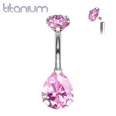 Implant Grade Titanium Internally Threaded Pear Tear Drop Pink CZ Belly Ring