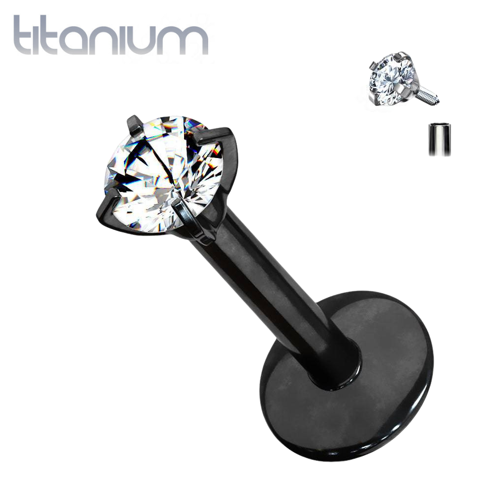 Implant Grade Titanium Internally Threaded Black PVD Plated White CZ Labret