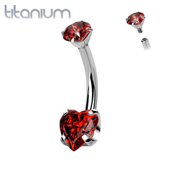 Implant Grade Titanium Internally Threaded Red Heart CZ Belly Ring