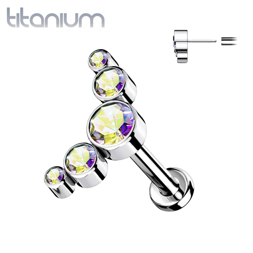 Implant Grade Titanium Threadless Push In Cartilage 5 Gem Curved Aurora Borealis CZ Gems With Flat Back