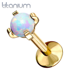 Implant Grade Titanium Gold PVD White Opal Flat Back Internally Threaded Labret Cartilage Tragus Ring